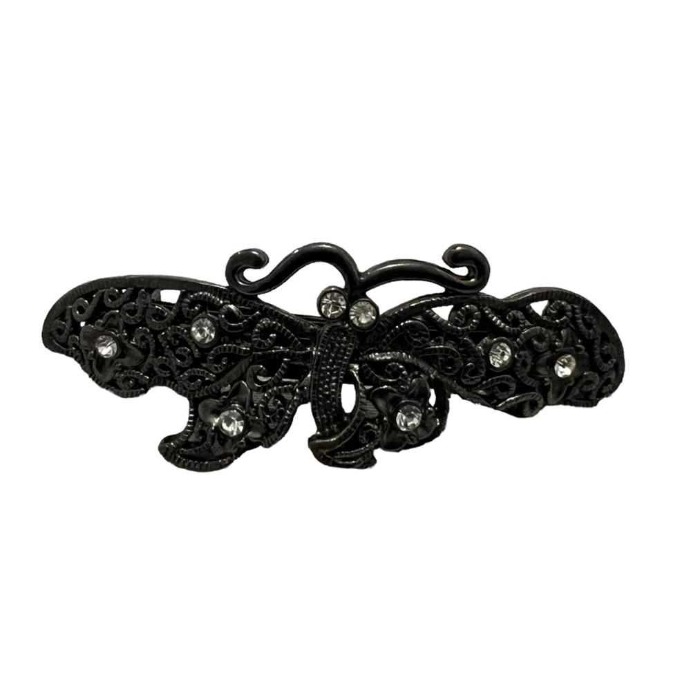 Blackened Silver Moth Butterfly Rhinestone Hair Barrette